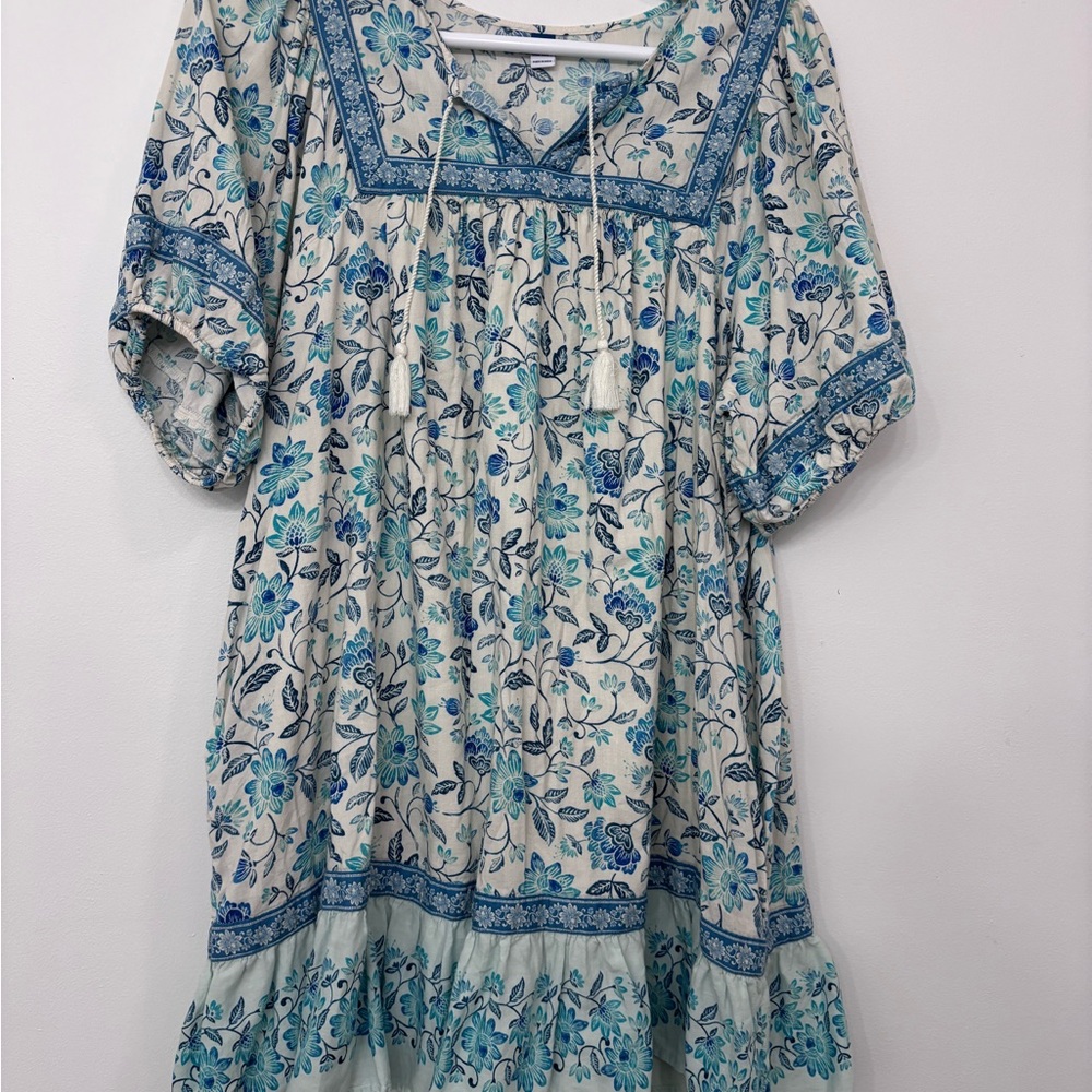 2X Old Navy Blue & White Floral Puff-Sleeve Midi Swing Dress